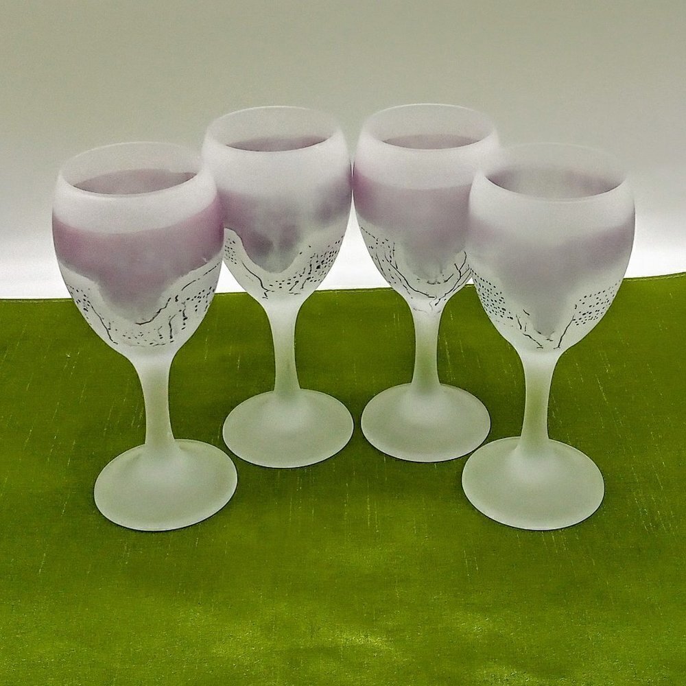 Set of 4 Purple Hand-Painted Frosted Wine Glasses
